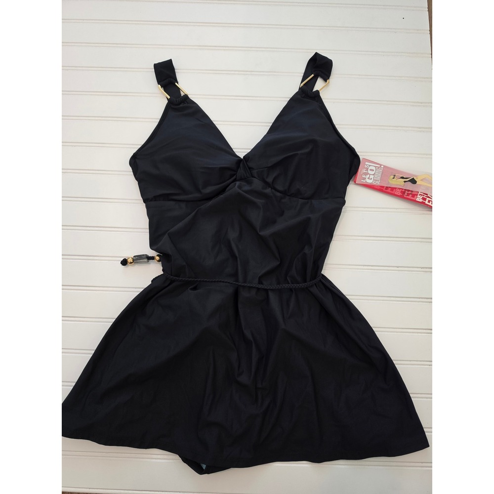 Spanx Belted Swim Dress Womens 12 Black New Shapewear V-Neck One Piece New